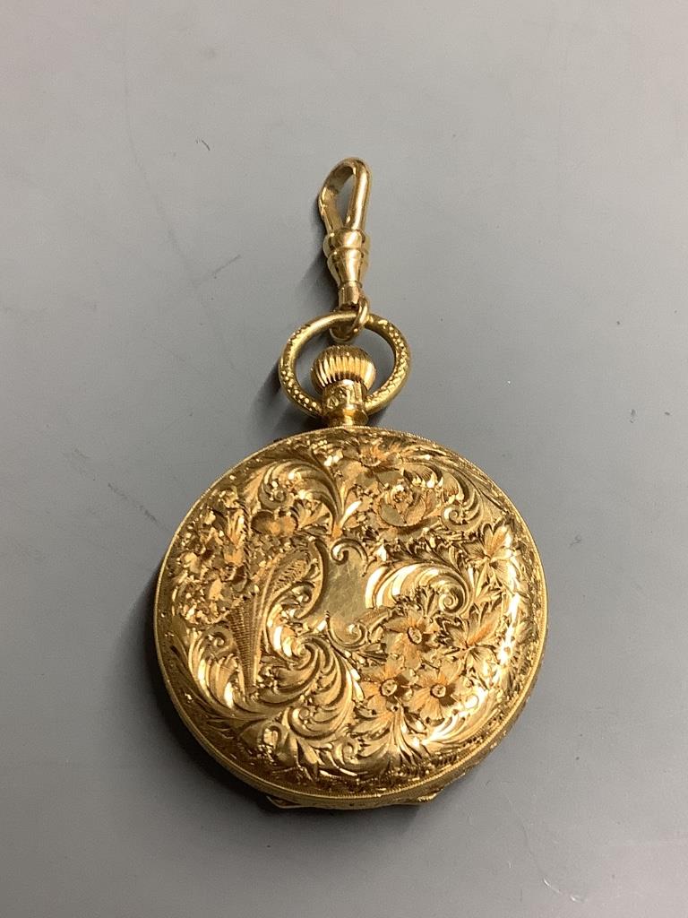 A 19th century engraved 18ct gold open face pocket watch, with Roman dial